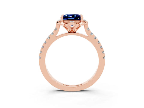 Rose gold Princess Cut Blue Sapphire Ring with Pavé Band and Floral Prong Setting_3