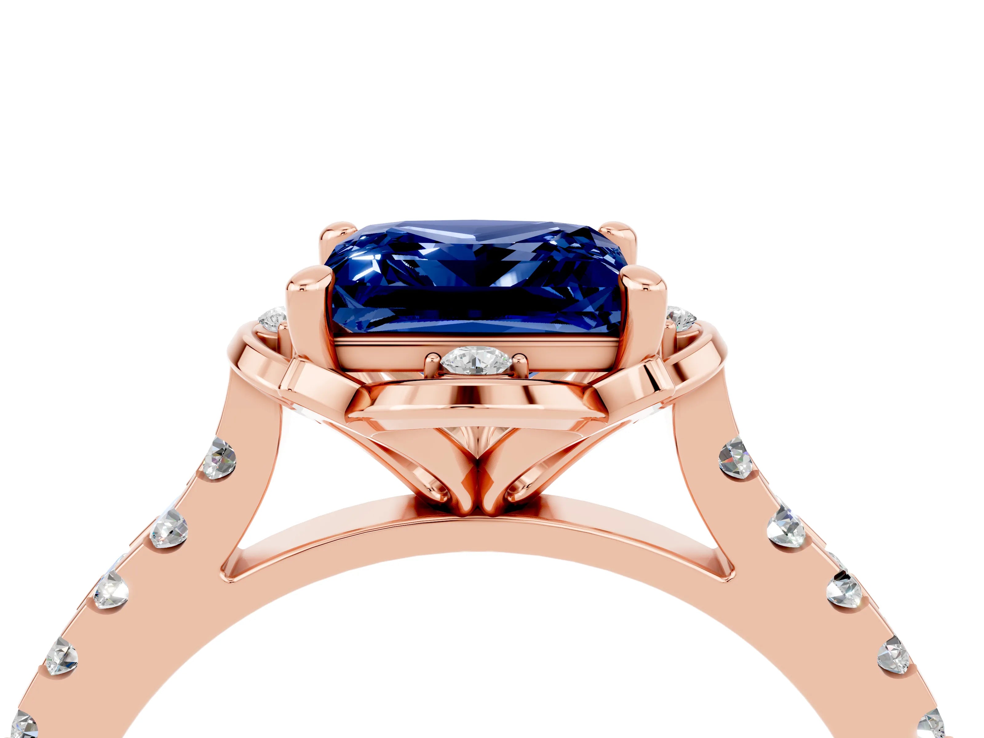 Rose gold Princess Cut Blue Sapphire Ring with Pavé Band and Floral Prong Setting_4