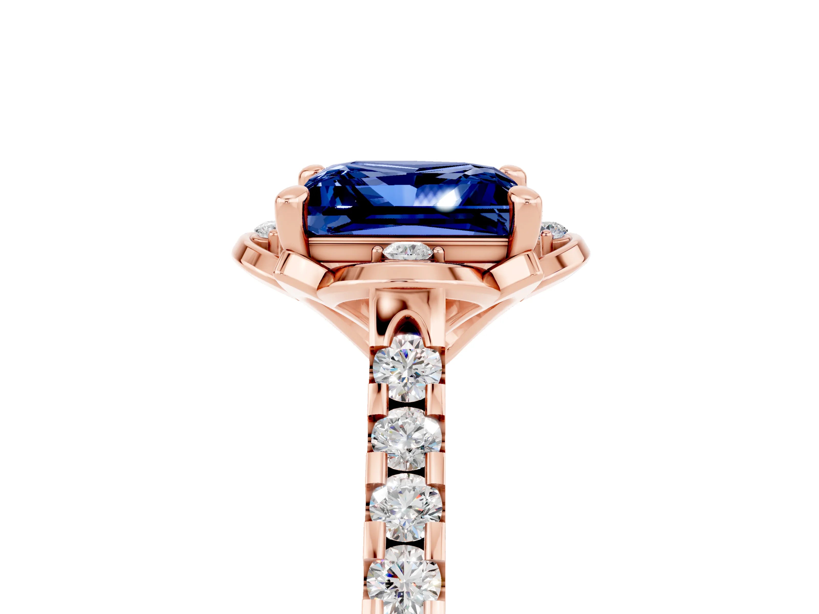 Rose gold Princess Cut Blue Sapphire Ring with Pavé Band and Floral Prong Setting_5