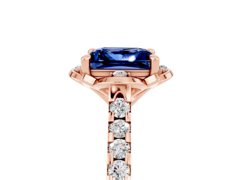 Rose gold Princess Cut Blue Sapphire Ring with Pavé Band and Floral Prong Setting_5