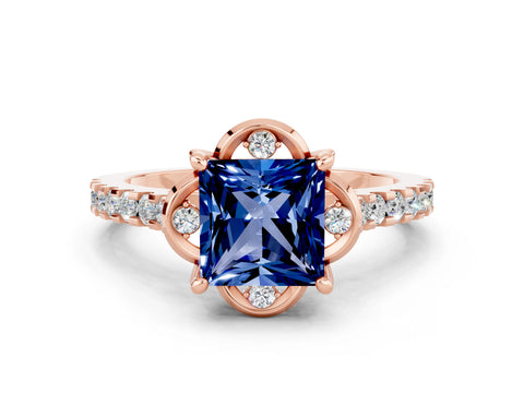 Rose gold Princess Cut Blue Sapphire Ring with Pavé Band and Floral Prong Setting