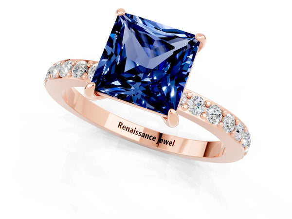 Rose gold Princess Cut Blue Sapphire Pavé Engagement Ring with Round  Accents and Prong Setting