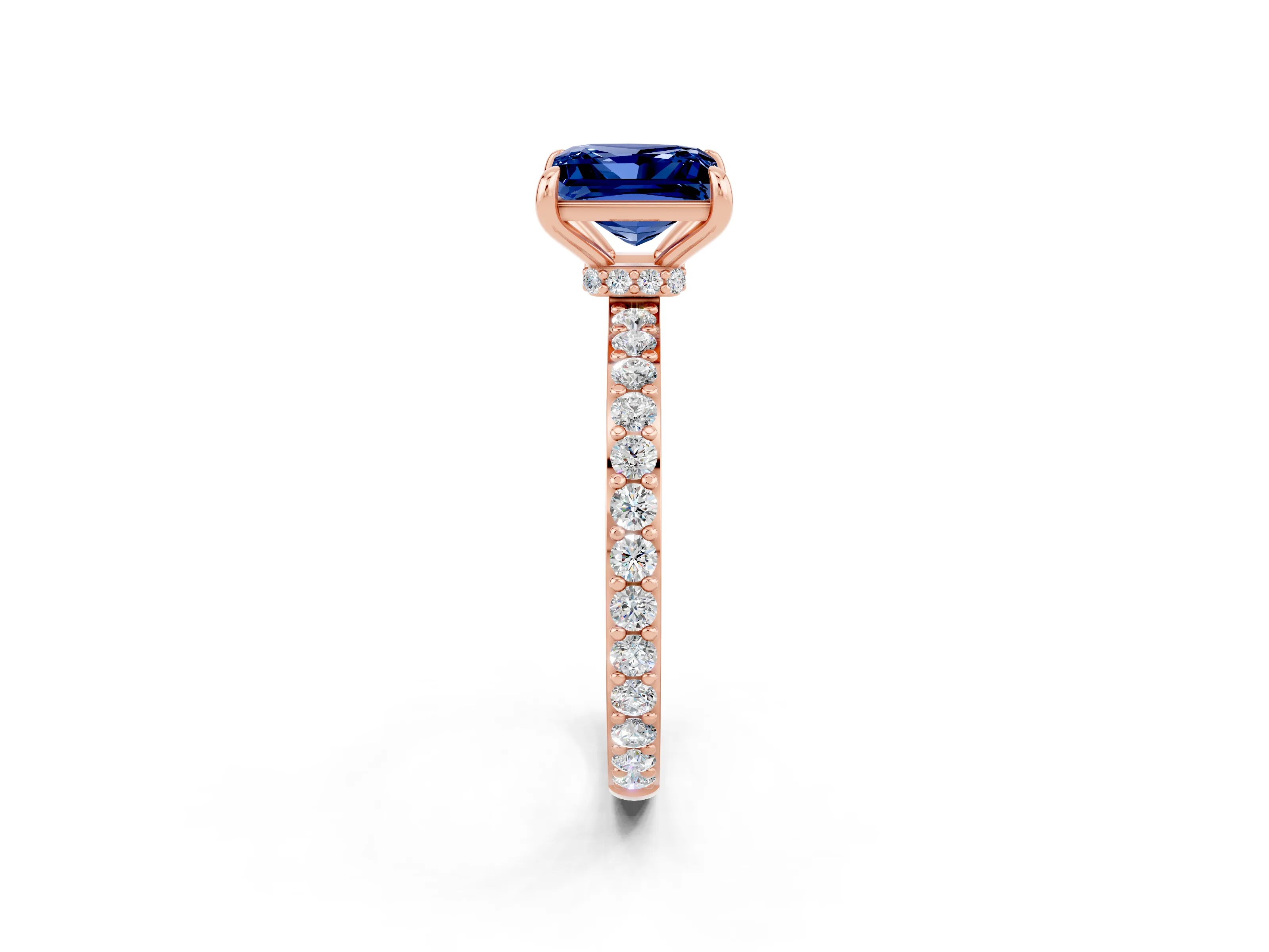 Rose gold Princess Cut Blue Sapphire Ring with Pavé Band and Four-Prong Setting_2