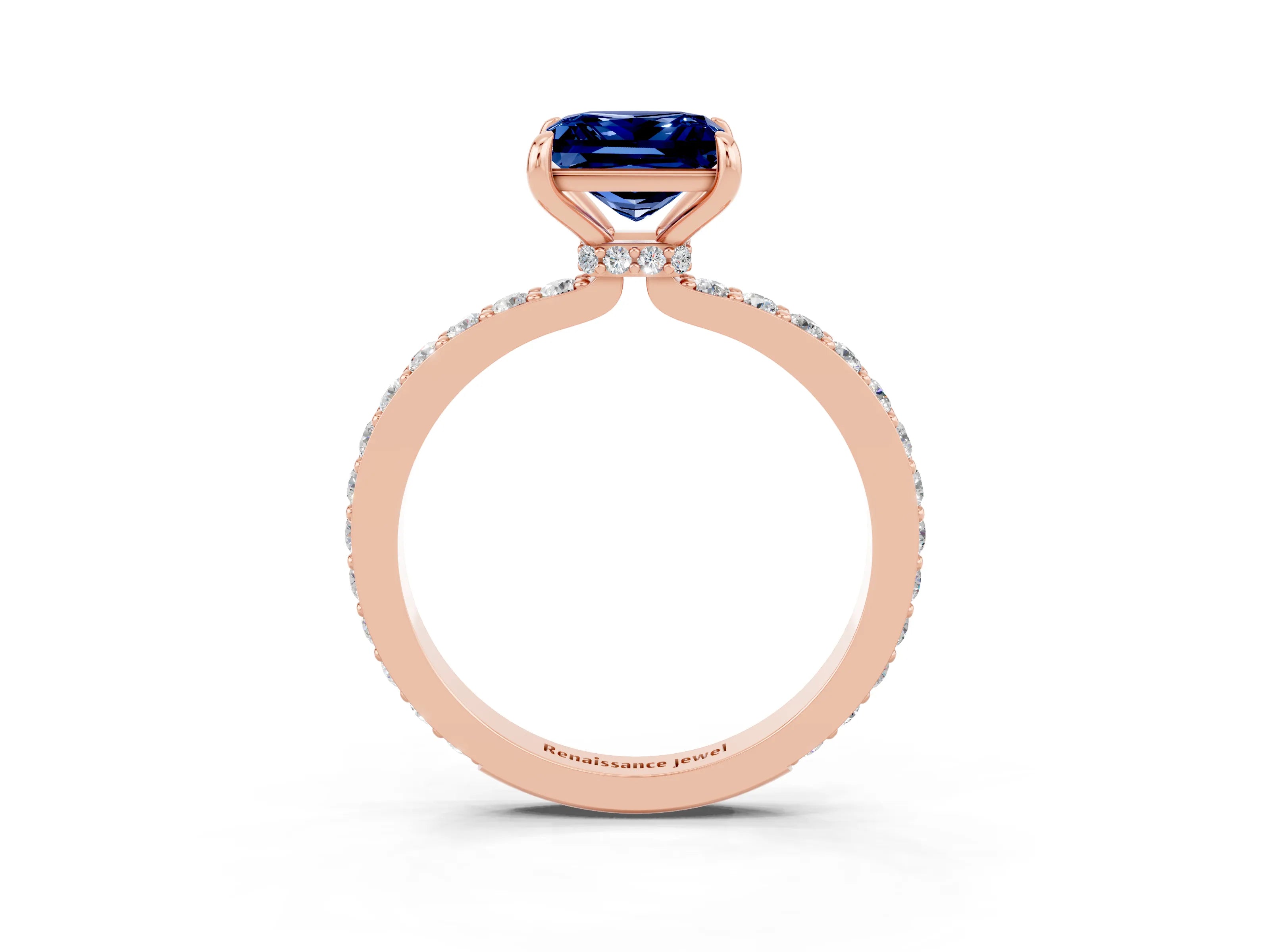 Rose gold Princess Cut Blue Sapphire Ring with Pavé Band and Four-Prong Setting_3