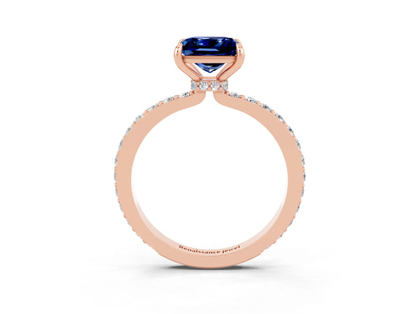 Rose gold Princess Cut Blue Sapphire Pavé Engagement Ring with Round  Accents and Prong Setting
