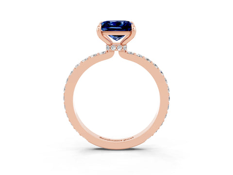 Rose gold Princess Cut Blue Sapphire Ring with Pavé Band and Four-Prong Setting_3
