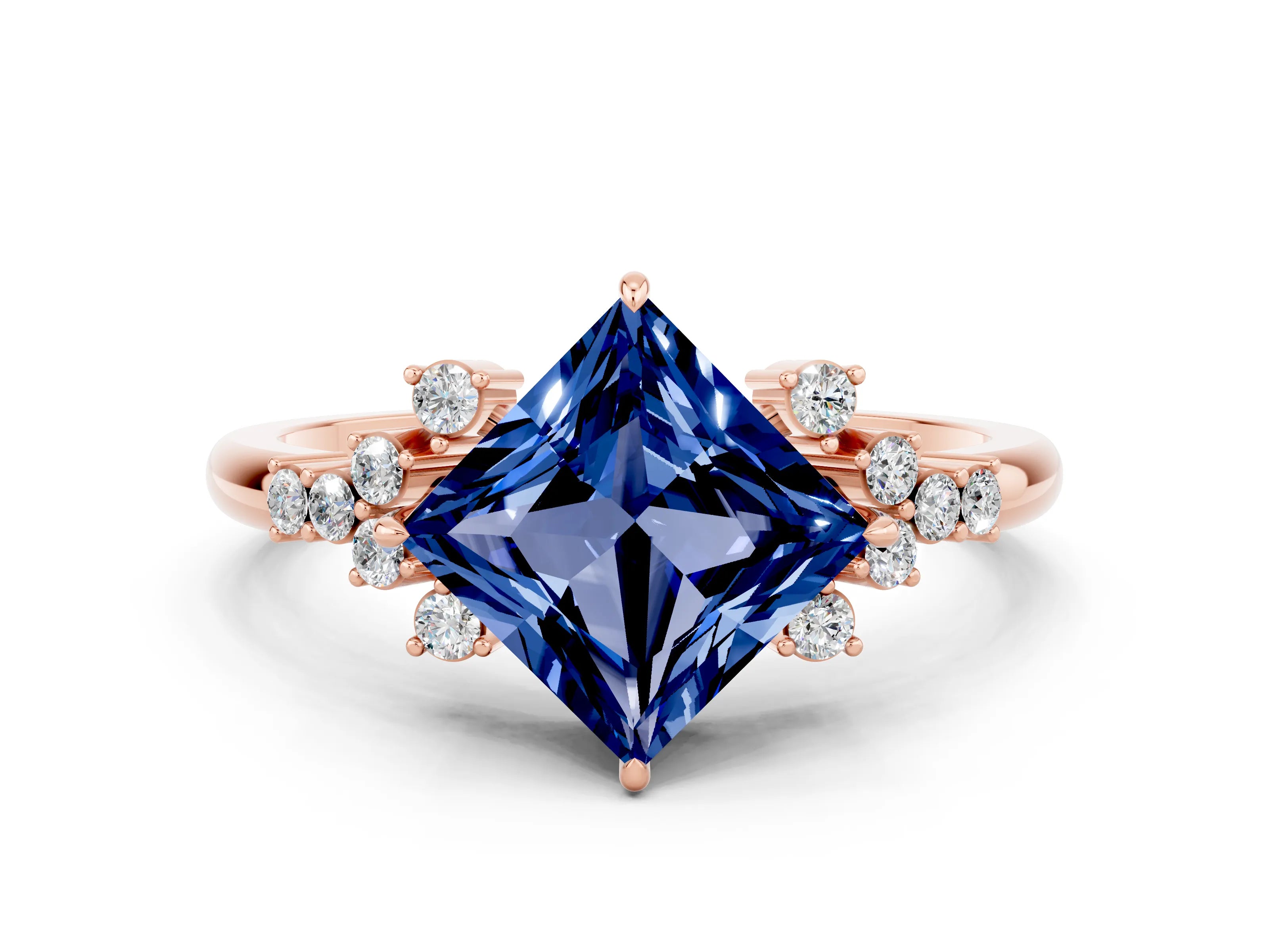 Rose gold Princess Cut Blue Sapphire Ring with Side Stones and Four-Prong Setting_36