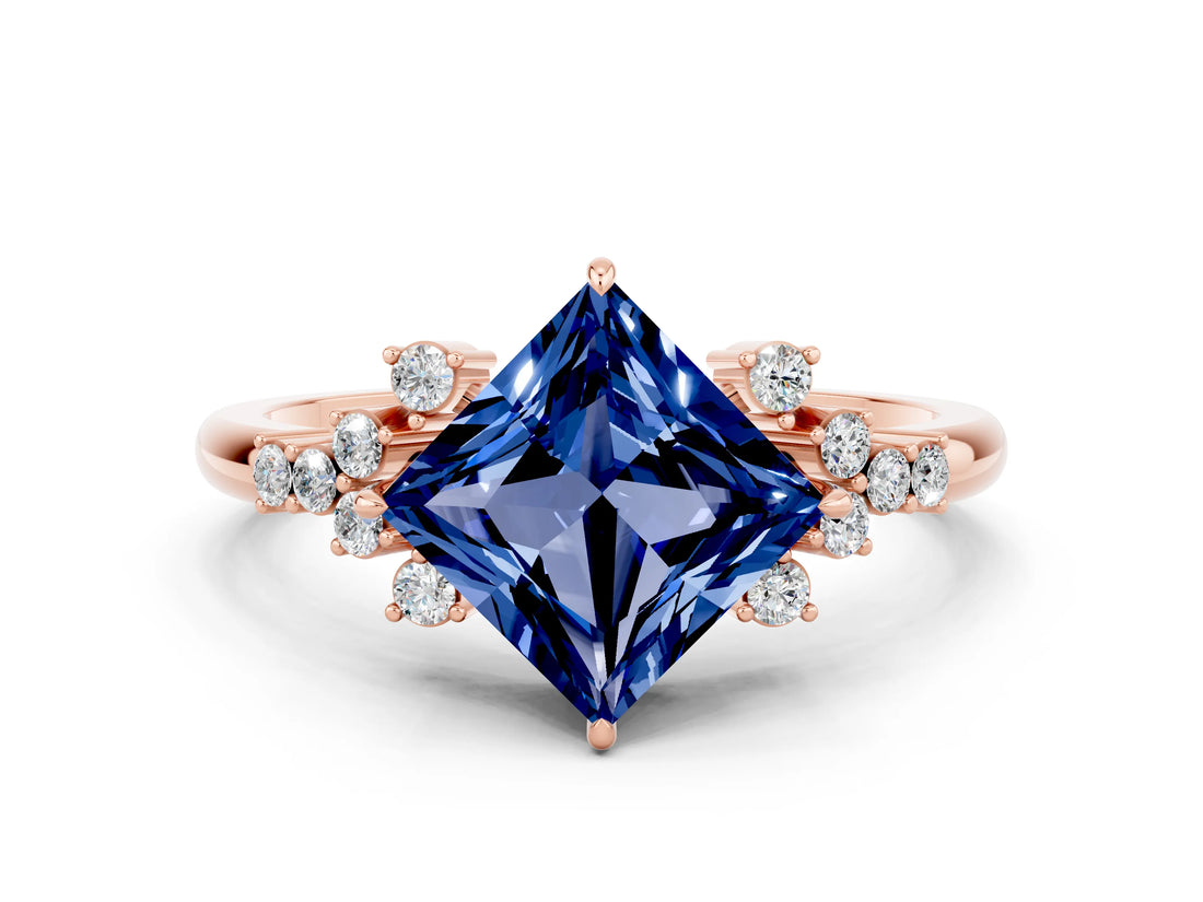 Rose gold Princess Cut Blue Sapphire Ring with Side Stones and Four-Prong Setting_36