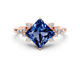 Rose gold Princess Cut Blue Sapphire Ring with Side Stones and Four-Prong Setting_36