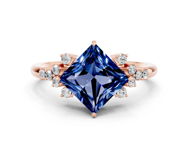 Rose gold Princess Cut Blue Sapphire Ring with Side Stones and Four-Prong Setting