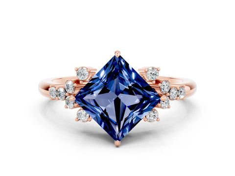 Rose gold Princess Cut Blue Sapphire Ring with Side Stones and Four-Prong Setting_36