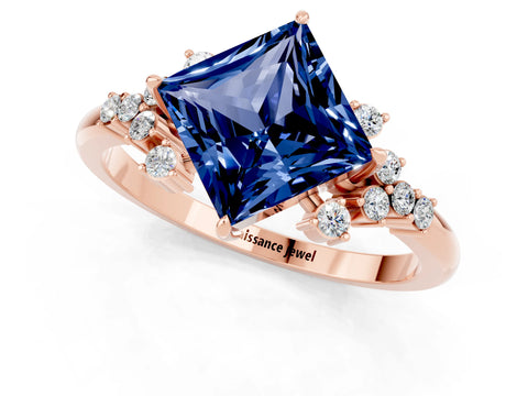Rose gold Princess Cut Blue Sapphire Ring with Side Stones and Four-Prong Setting_37