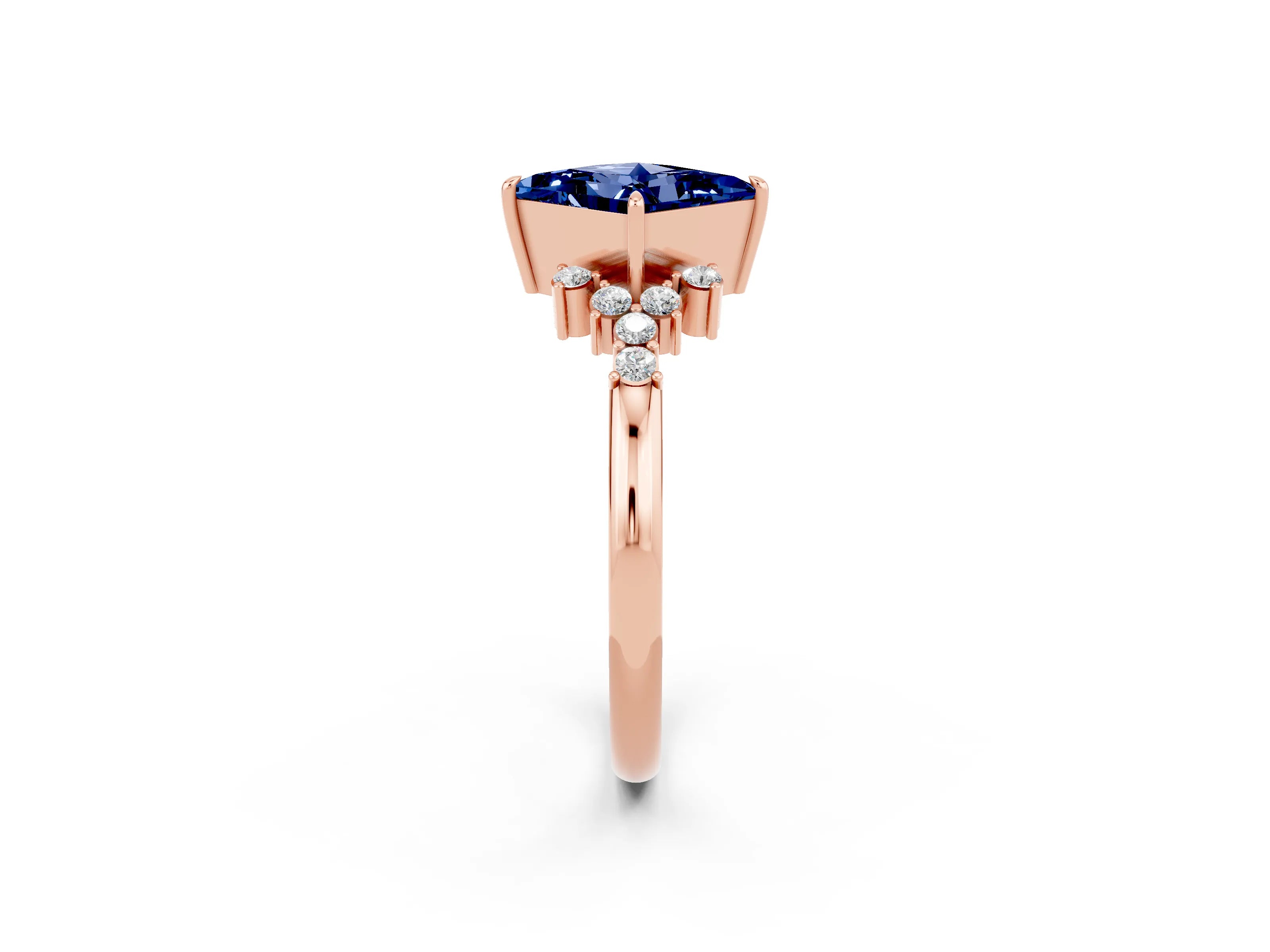 Rose gold Princess Cut Blue Sapphire Ring with Side Stones and Four-Prong Setting_38