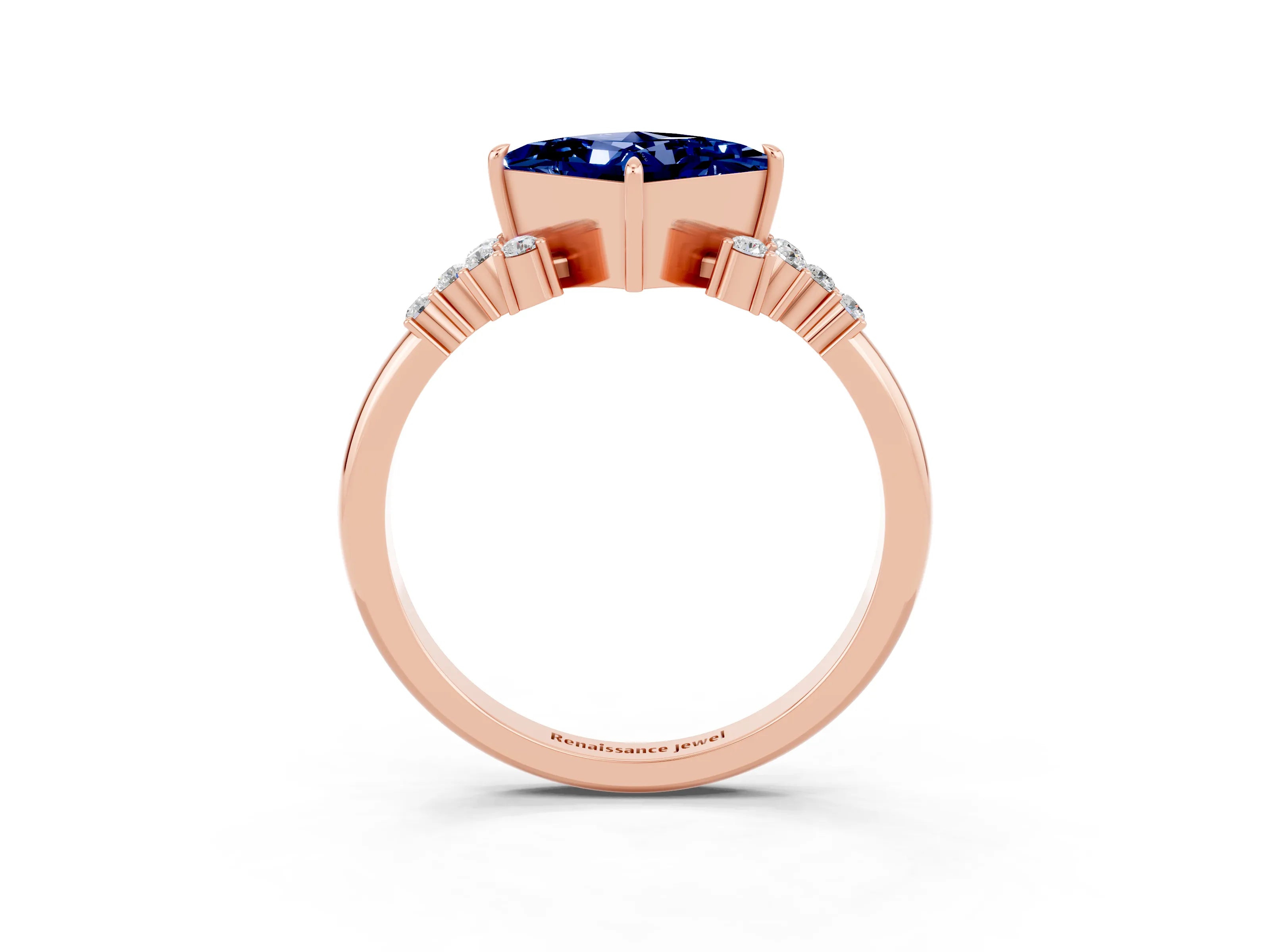 Rose gold Princess Cut Blue Sapphire Ring with Side Stones and Four-Prong Setting_39