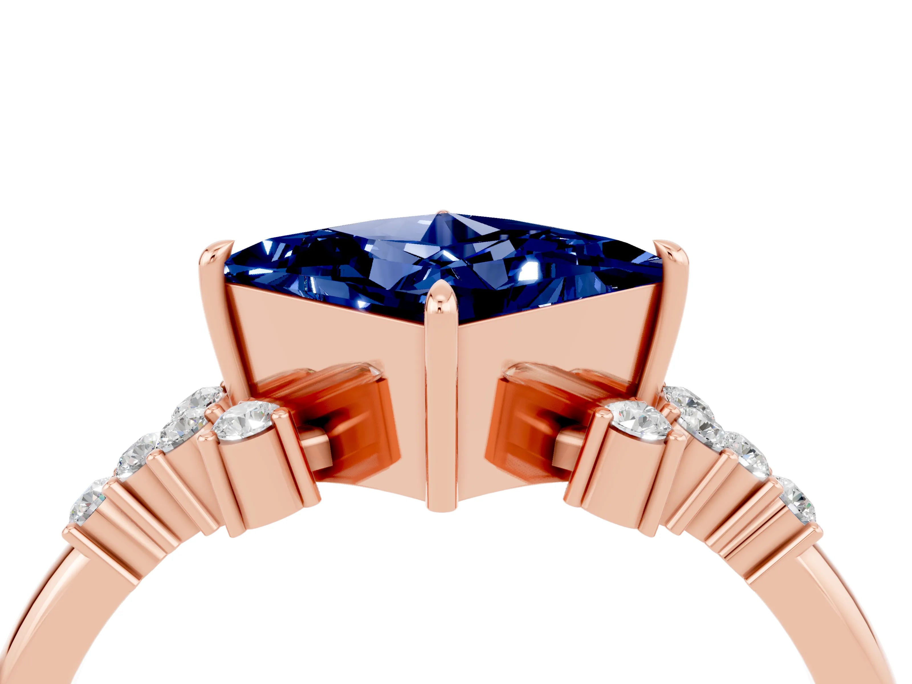 Rose gold Princess Cut Blue Sapphire Ring with Side Stones and Four-Prong Setting_40