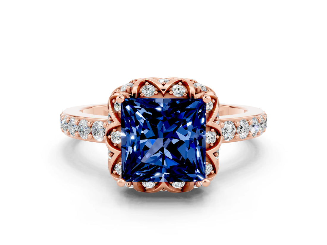 Rose gold Princess Cut Blue Sapphire Scalloped Halo Engagement Ring with Round Shared Prong Band_12