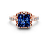 Rose gold Princess Cut Blue Sapphire Scalloped Halo Engagement Ring with Round Shared Prong Band_12