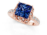 Rose gold Princess Cut Blue Sapphire Scalloped Halo Engagement Ring with Round Shared Prong Band_13