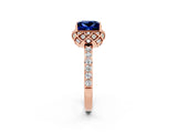 Rose gold Princess Cut Blue Sapphire Scalloped Halo Engagement Ring with Round Shared Prong Band_14