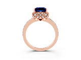 Rose gold Princess Cut Blue Sapphire Scalloped Halo Engagement Ring with Round Shared Prong Band_15