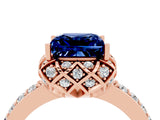 Rose gold Princess Cut Blue Sapphire Scalloped Halo Engagement Ring with Round Shared Prong Band_16