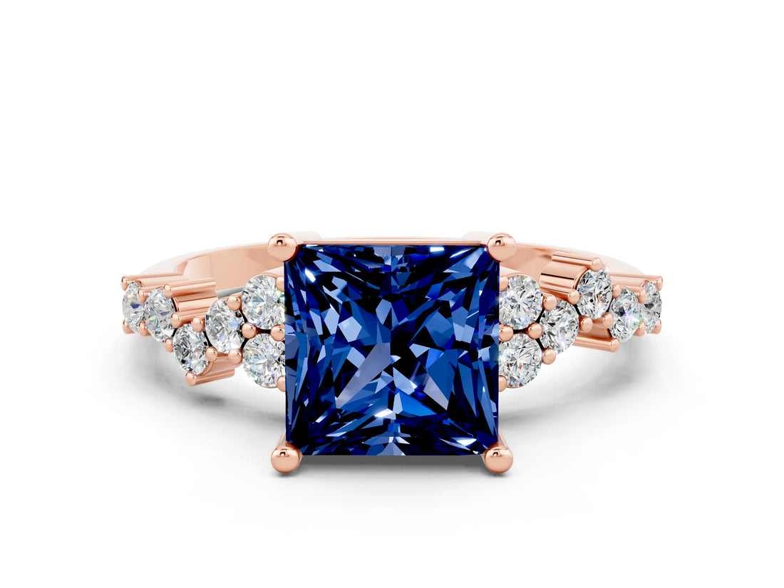 Rose gold Princess Cut Blue Sapphire Scattered Round Accent Ring with Prong Setting_12