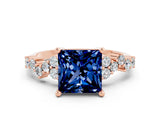Rose gold Princess Cut Blue Sapphire Scattered Round Accent Ring with Prong Setting_12