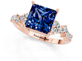 Rose gold Princess Cut Blue Sapphire Scattered Round Accent Ring with Prong Setting_13