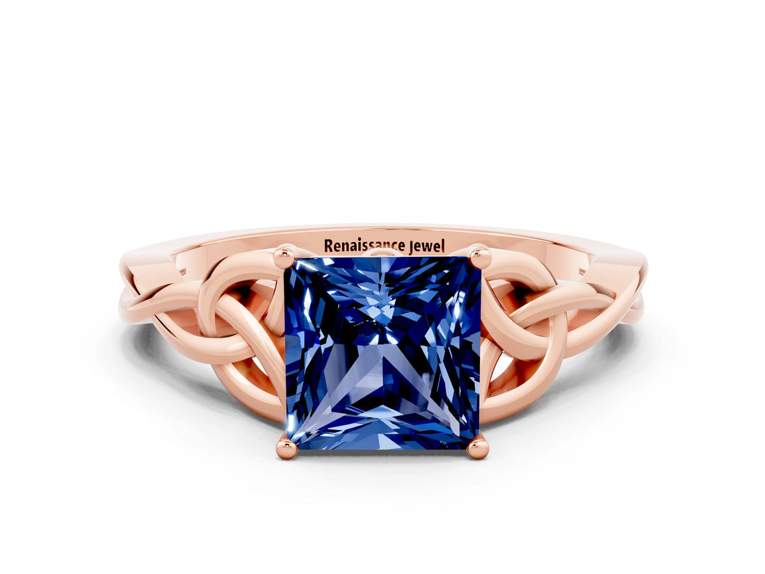Rose gold Princess Cut Blue Sapphire Solitaire Celtic Knot Ring with Four-Prong Setting_12
