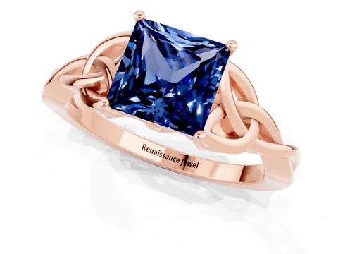 Rose gold Princess Cut Blue Sapphire Solitaire Celtic Knot Ring with Four-Prong Setting_13