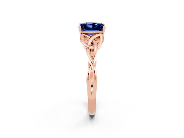Rose gold Princess Cut Blue Sapphire Solitaire Celtic Knot Ring with Four-Prong Setting
