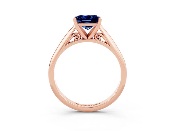 Rose gold Princess Cut Blue Sapphire Solitaire Engagement Ring with Cathedral Setting and Four-Prong Mount