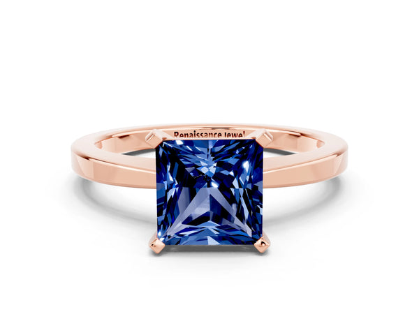 Rose gold Princess Cut Blue Sapphire Solitaire Engagement Ring with Classic Band and Four-Prong Setting