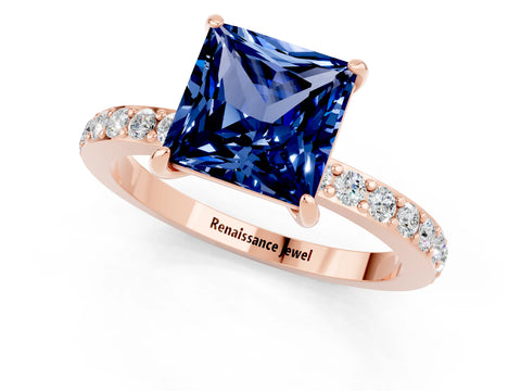 Rose gold Princess Cut Blue Sapphire Solitaire Engagement Ring with Pavé Band and Four-Prong Setting_1