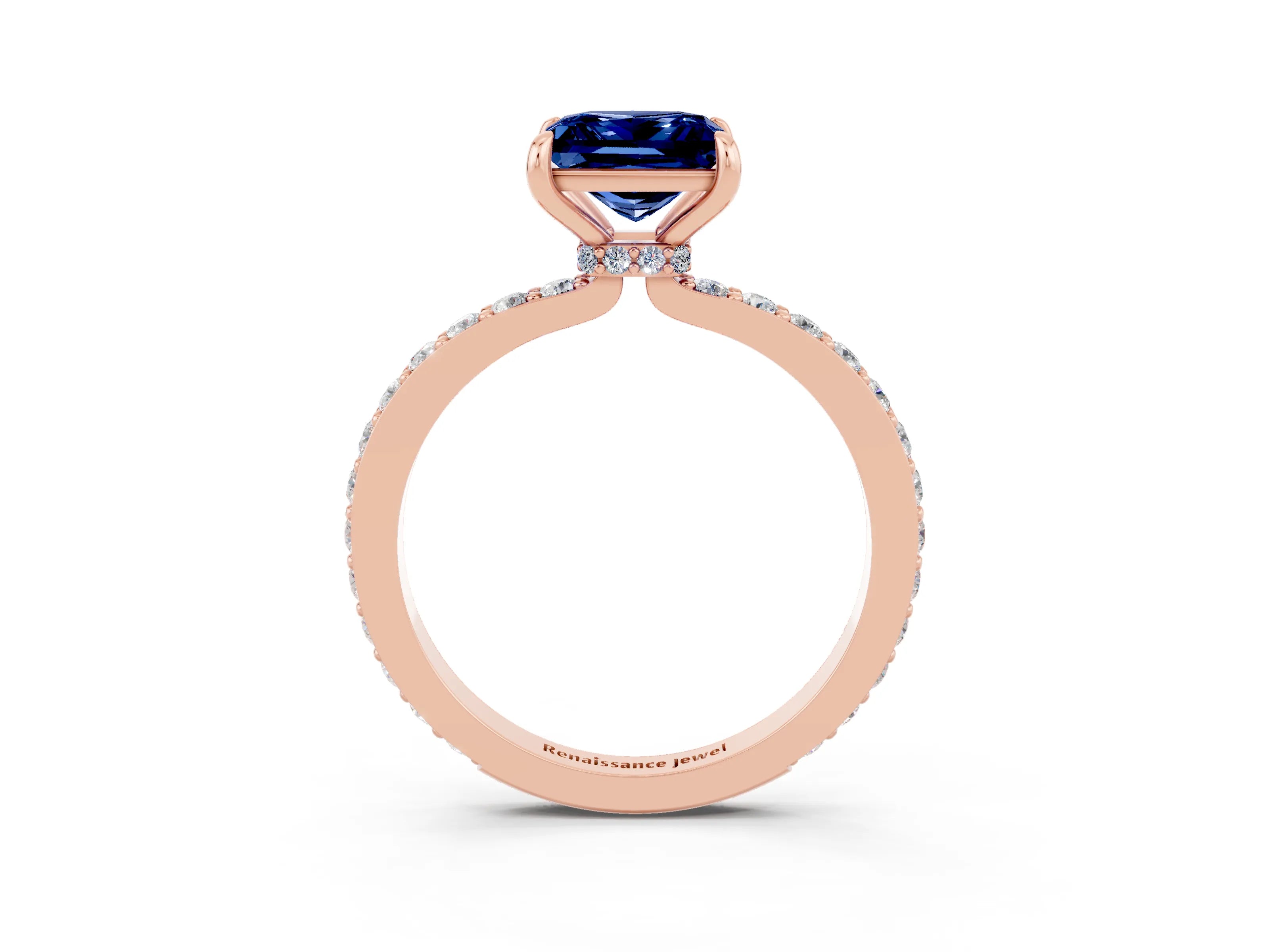 Rose gold Princess Cut Blue Sapphire Solitaire Engagement Ring with Pavé Band and Four-Prong Setting_3