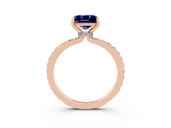 Rose gold Princess Cut Blue Sapphire Solitaire Engagement Ring with Pavé Band and Four-Prong Setting