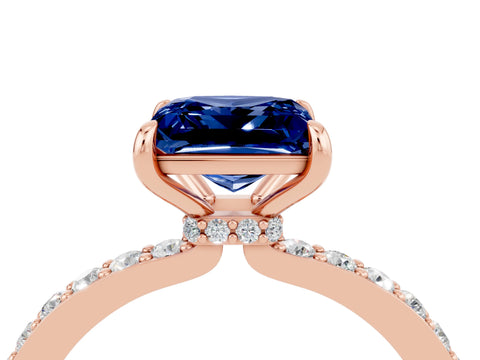 Rose gold Princess Cut Blue Sapphire Solitaire Engagement Ring with Pavé Band and Four-Prong Setting_4