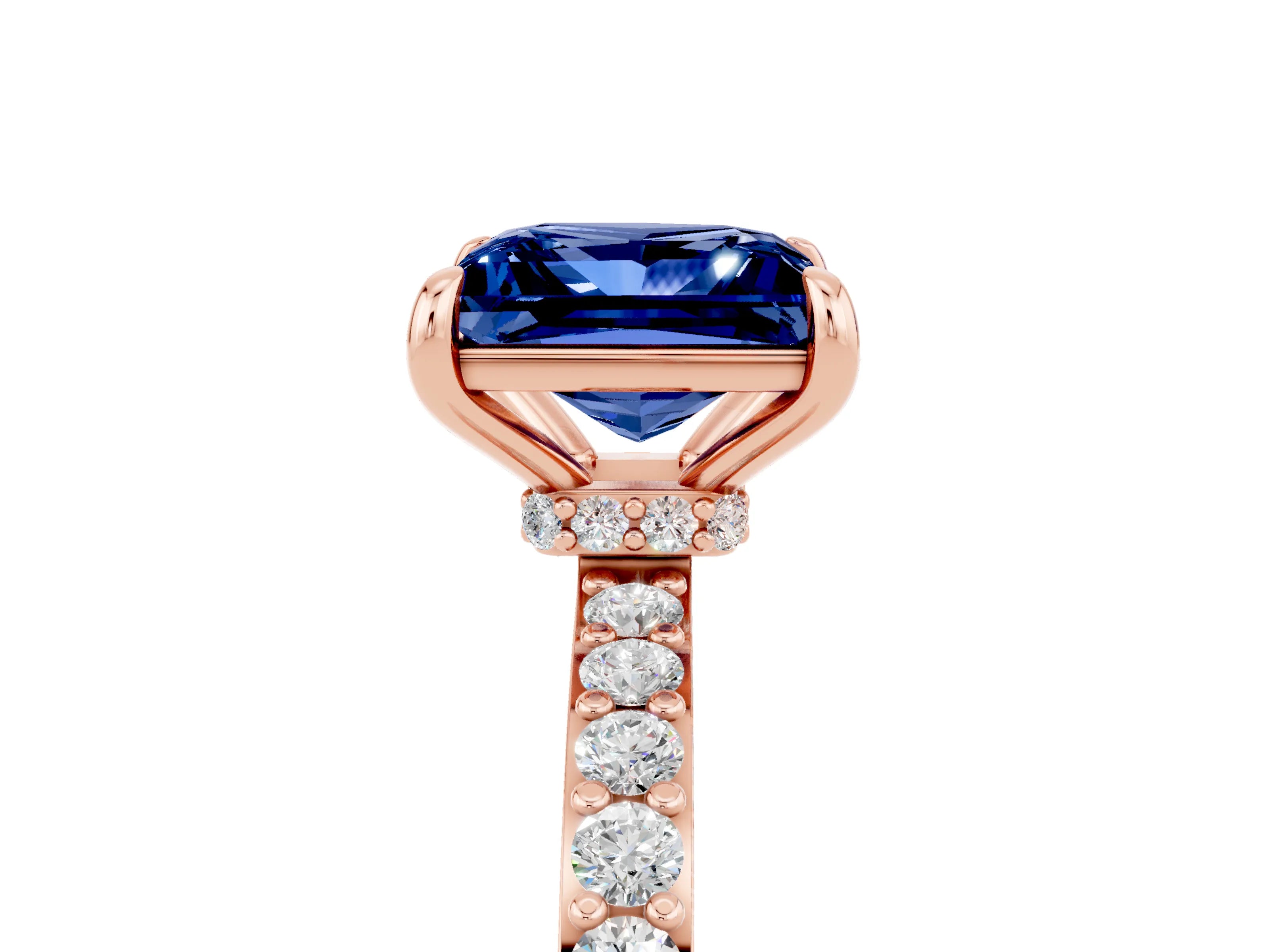 Rose gold Princess Cut Blue Sapphire Solitaire Engagement Ring with Pavé Band and Four-Prong Setting_5