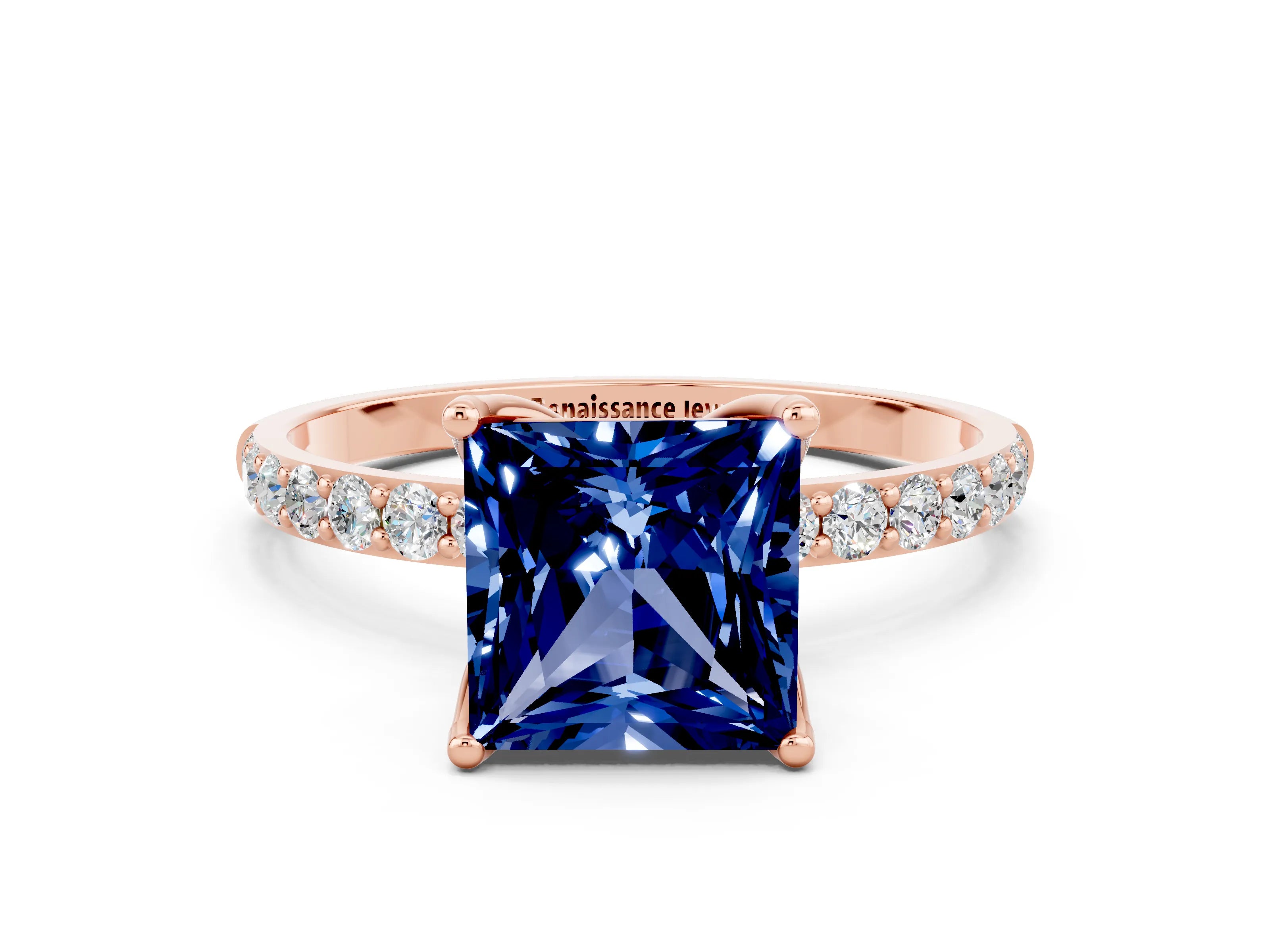 Rose gold Princess Cut Blue Sapphire Solitaire Engagement Ring with Pavé Band and Prong Setting