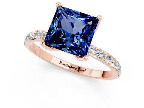 Rose gold Princess Cut Blue Sapphire Solitaire Engagement Ring with Pavé Band and Prong Setting_1