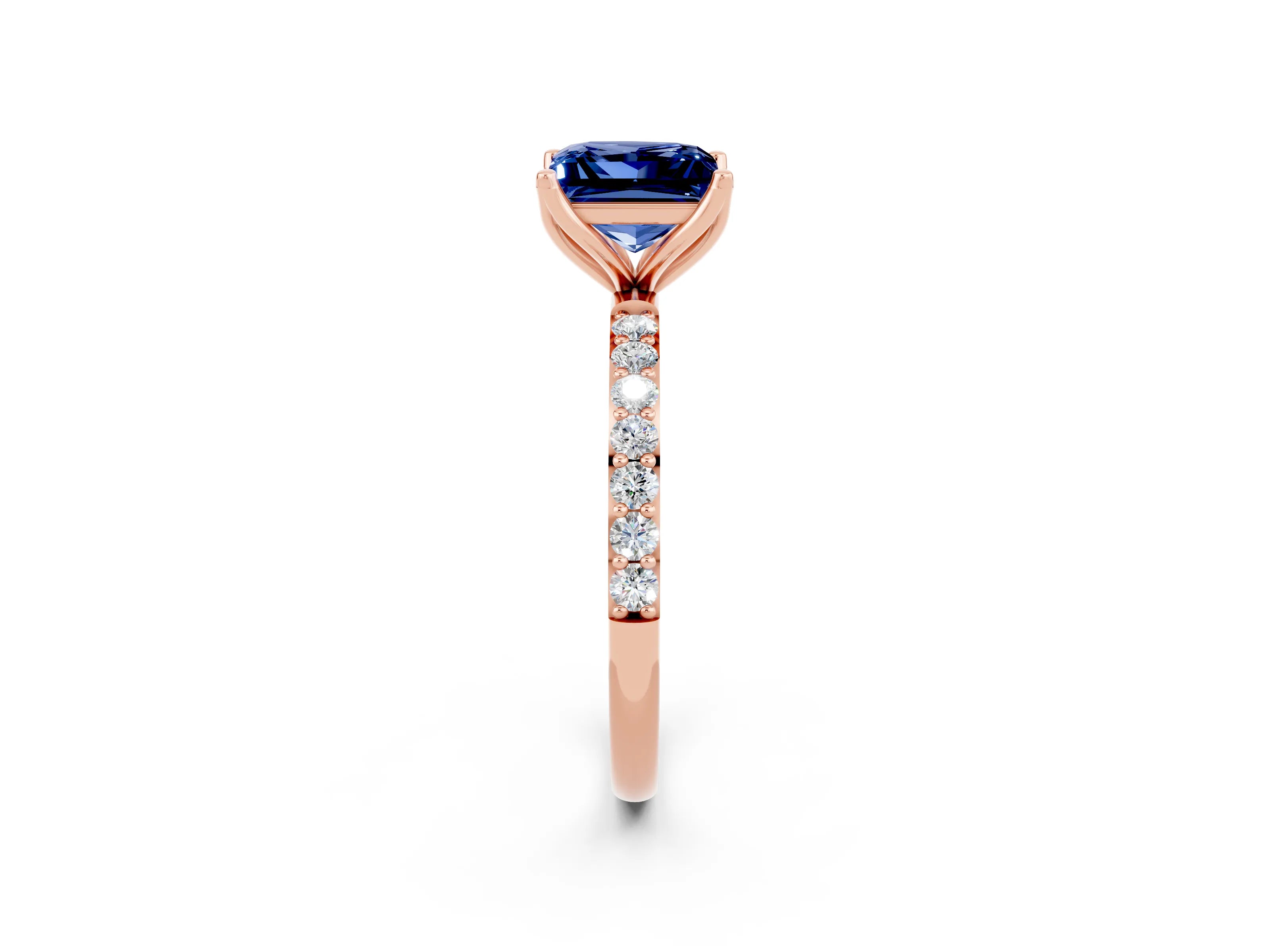 Rose gold Princess Cut Blue Sapphire Solitaire Engagement Ring with Pavé Band and Prong Setting_2