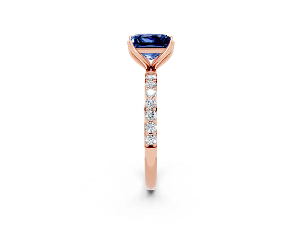 Rose gold Princess Cut Blue Sapphire Solitaire Engagement Ring with Round  Pavé Band and Prong Setting