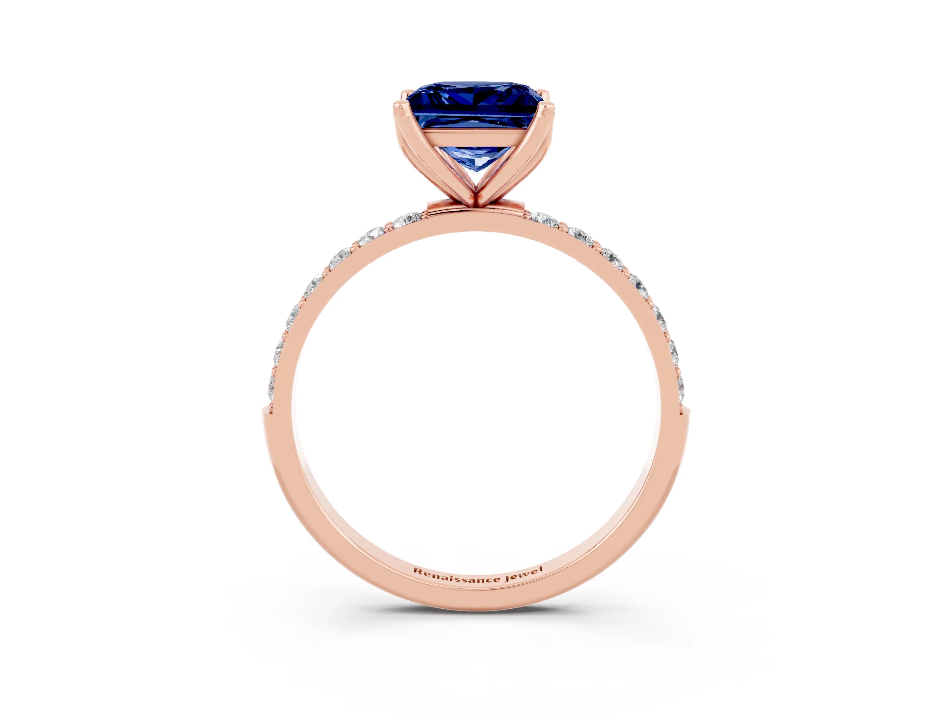 Rose gold Princess Cut Blue Sapphire Solitaire Engagement Ring with Pavé Band and Prong Setting_3