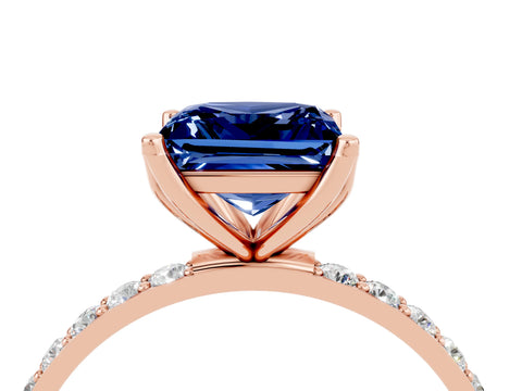 Rose gold Princess Cut Blue Sapphire Solitaire Engagement Ring with Pavé Band and Prong Setting_4
