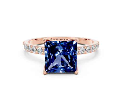 Rose gold Princess Cut Blue Sapphire Solitaire Engagement Ring with Pavé Band and Prong Setting