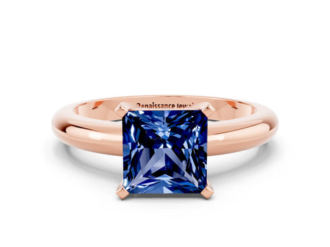 Rose gold Princess Cut Blue Sapphire Solitaire Engagement Ring with Round Band and Four-Prong Setting