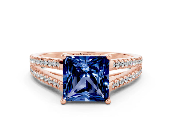 Rose gold Princess Cut Blue Sapphire Solitaire Engagement Ring with Split Shank Pavé Band