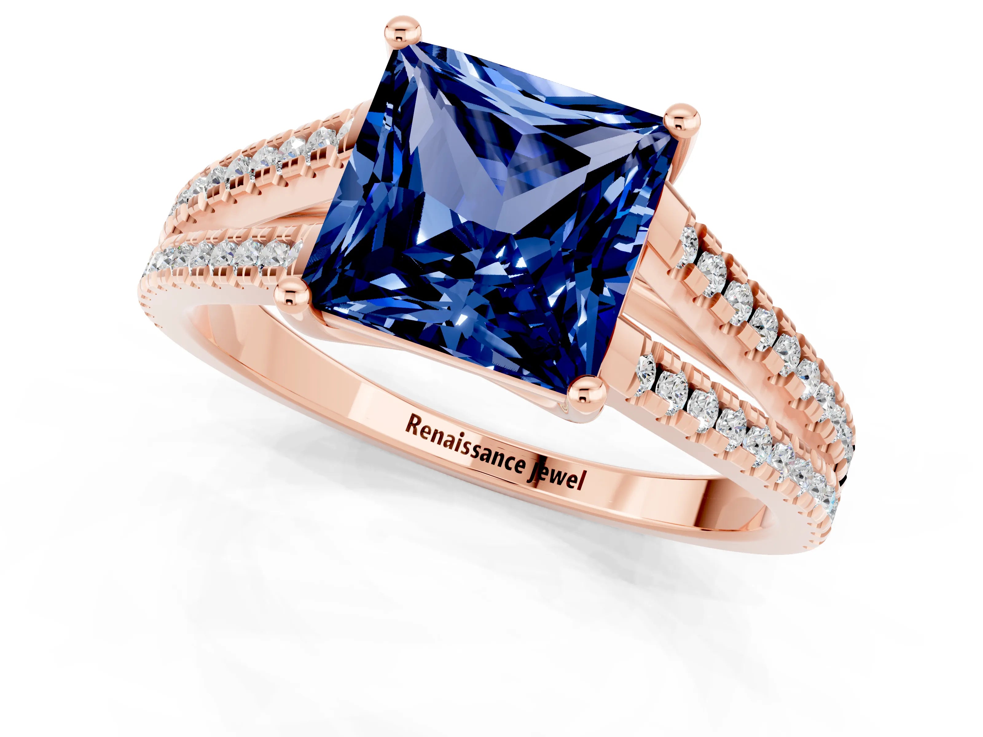 Rose gold Princess Cut Blue Sapphire Solitaire Engagement Ring with Split Shank Pavé Band_1