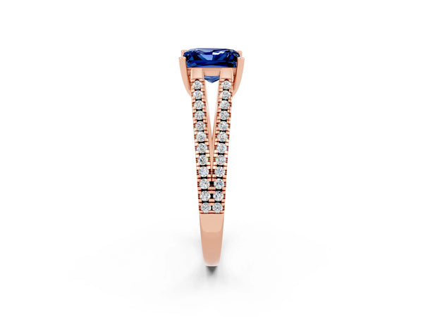 Rose gold Princess Cut Blue Sapphire Solitaire Engagement Ring with Split Shank Pavé Band