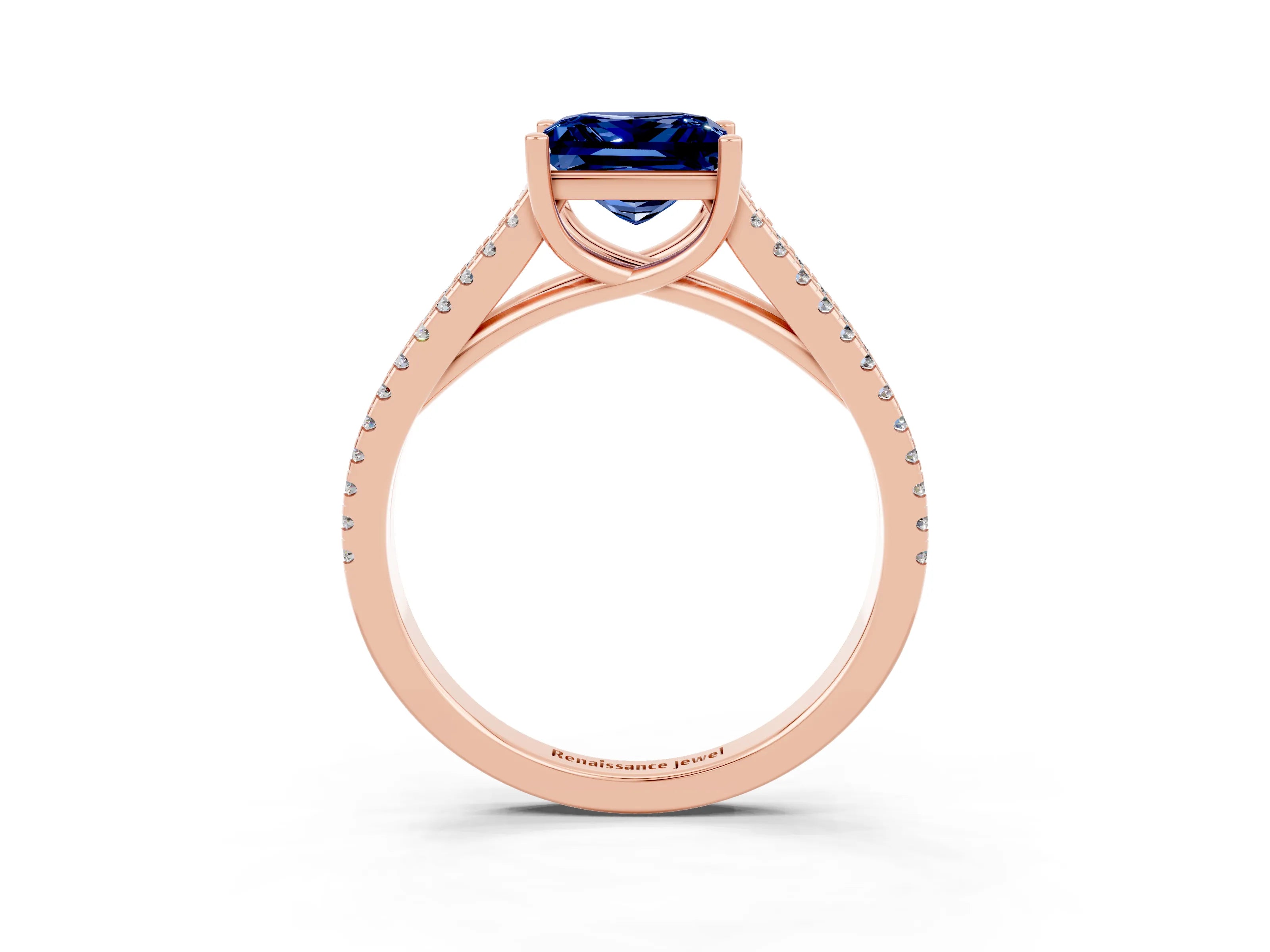 Rose gold Princess Cut Blue Sapphire Solitaire Engagement Ring with Split Shank Pavé Band_3